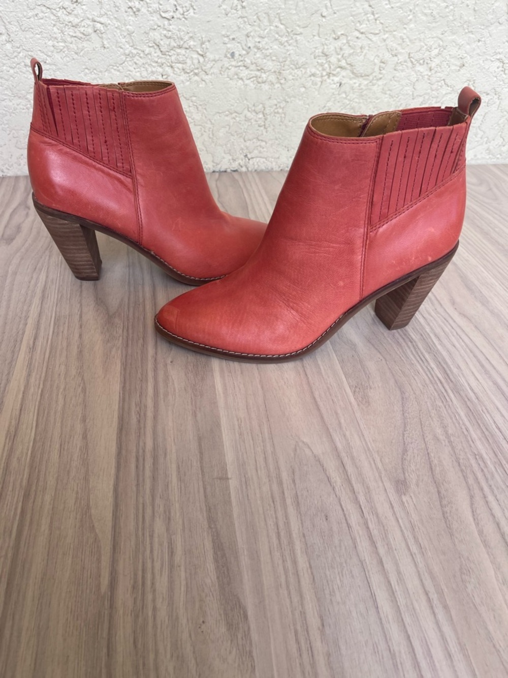 Lucky Brand Coral Red Leather Ankle Booties with Block Heel